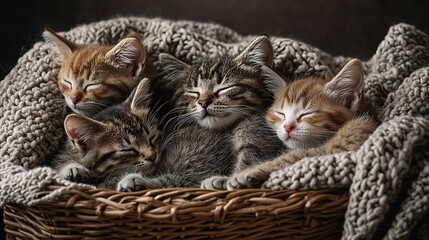   A collection of kittens slumbering inside a woven basket upon a soft blanket, with their eyelids gently closed together