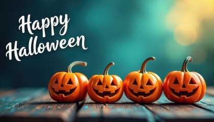 Four carved pumpkins on a wooden table with 'Happy Halloween' text, glowing softly under festive lights.