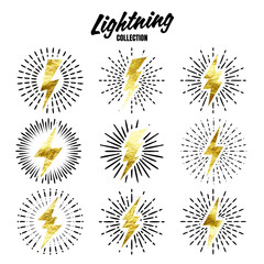 Set of vintage golden lightning bolts and sun rays. Gold foil texture. Lightnings with sunburst effect. Thunderbolt, electric shock sign. Vector illustration