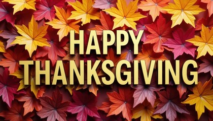 Autumn leaves in vibrant colors form a background for a 'Happy Thanksgiving' message in bold letters.