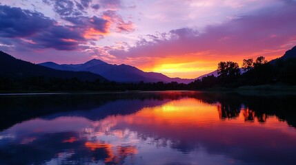   A stunning sunset on a tranquil lake, surrounded by majestic mountains, mirrored clouds above, and lush trees framing the scene