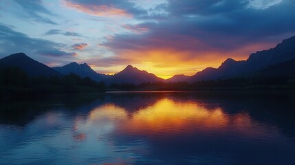  A picturesque scene of a lake surrounded by majestic mountains, bathed in the warm glow of a stunning sunset, with wispy clouds adorning the sky