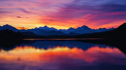 Fototapeta premium A serene lake surrounded by majestic mountains during a mesmerizing sunset with scattered clouds overhead