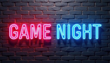 Fototapeta premium Colorful neon 'Game Night' sign glowing against a dark brick wall background.