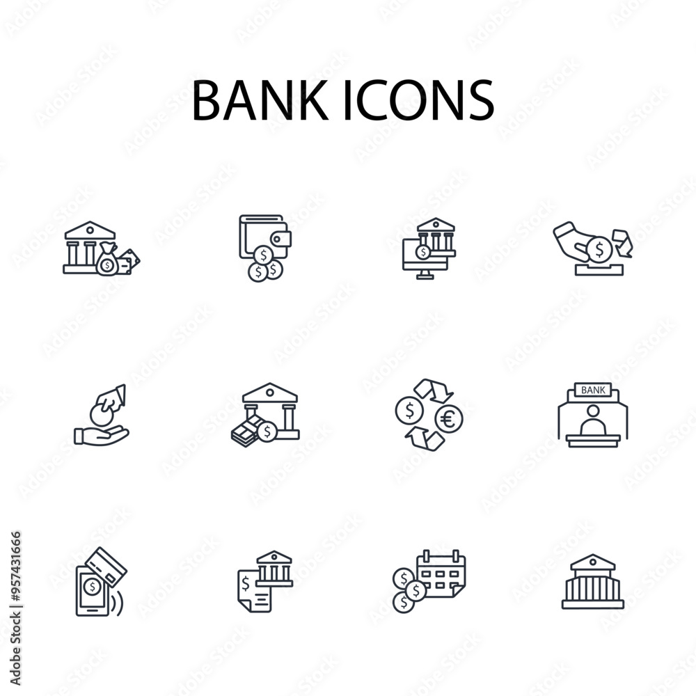 Poster bank icon set.vector.editable stroke.linear style sign for use web design,logo.symbol illustration.