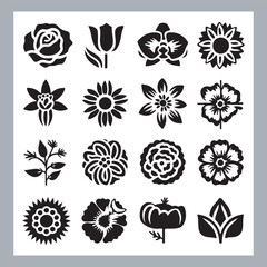Set of logotype icons flowers Rose, Tulip, Orchid, Sunflower, Lily, Daisy, Daffodil, Jasmine, Lavender, Marigold, Peony, Chrysanthemum, Hibiscus, Poppy, Violet silhouettes in white background