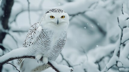   A snow-covered owl perched atop a tree limb with surrounding branches