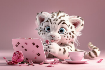 A charming snow leopard cub plays with a pink laptop and sips tea while surrounded by delicate rose petals in a pastel setting