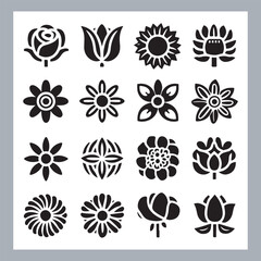 Set of logotype icons flowers Rose, Tulip, Orchid, Sunflower, Lily, Daisy, Daffodil, Jasmine, Lavender, Marigold, Peony, Chrysanthemum, Hibiscus, Poppy, Violet silhouettes in white background