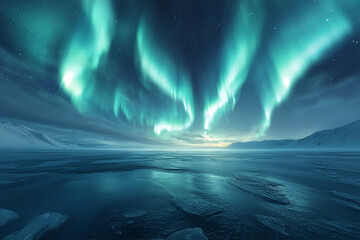 The Northern Lights dancing in the sky above a frozen tundra. Concept of Earth's natural light displays and polar regions.