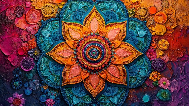 Traditional Mandana painting featuring bright colors and intricate pattern work picture
