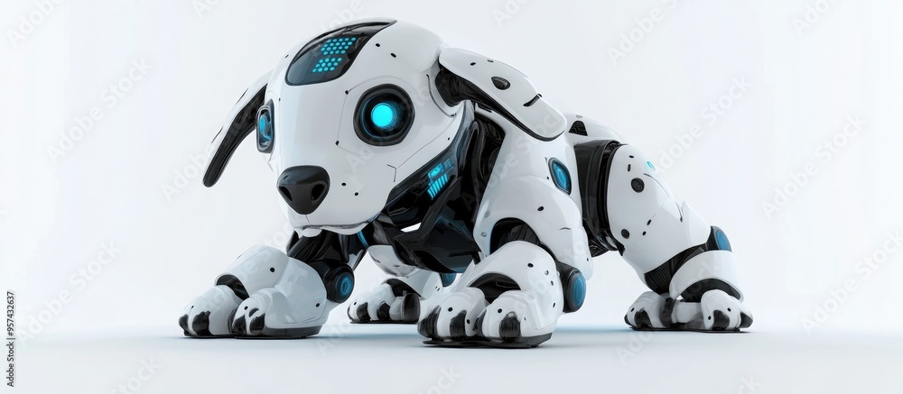 Poster 3d illustration of a playful guard dog robot designed as a security system set against a white backg