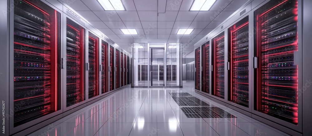 Poster data center featuring numerous servers network and information racks displayed behind transparent pa