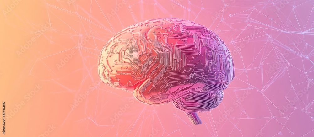 Poster modern circuit technology represented by an ai brain set against a gradient background