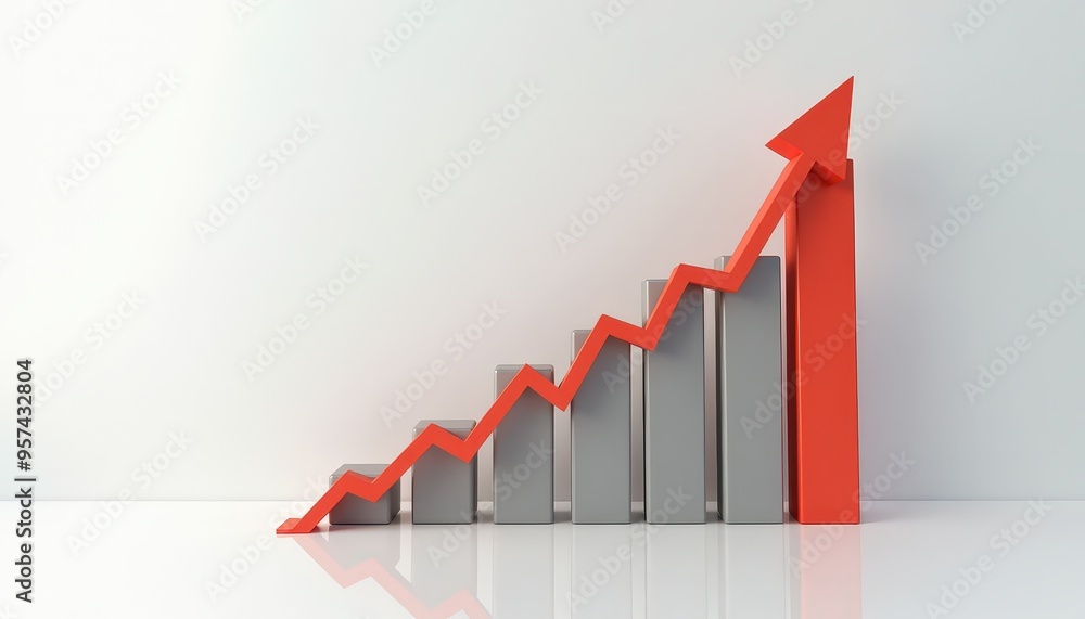 Poster a 3d bar chart with a red rising arrow indicating growth and progress against a white background.