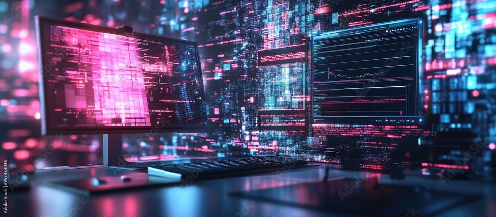 Aufkleber innovative technology themed illustration featuring a workspace with a computer multi layered exposu