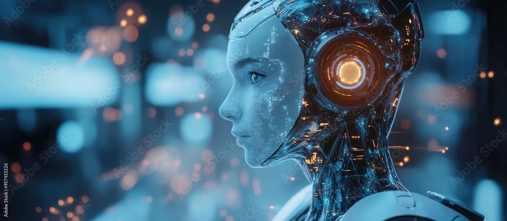 Poster futuristic 3d rendering of robotic technology advancements artificial intelligence and business inno