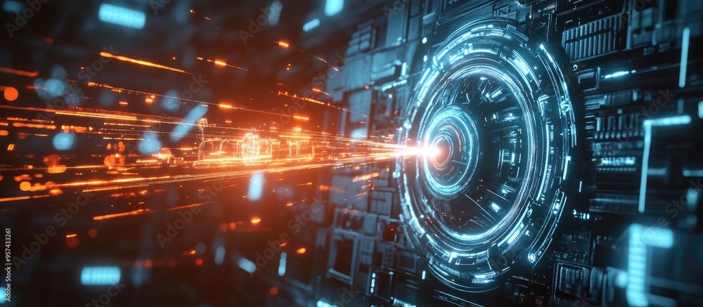 Poster futuristic digital technology backdrop featuring a laser emanating from a metallic sci fi device 3d 