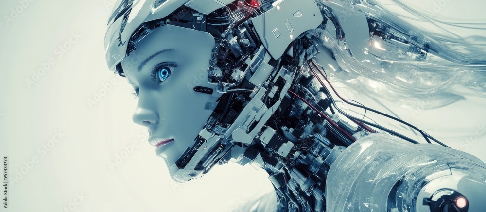 Poster futuristic 3d illustration of a female robotic figure integrated with a computer core representing a