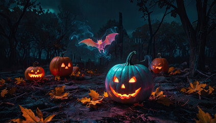 A gloomy forest with jack lanterns autumn leaves and a bat