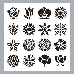 Set of logotype icons flowers Rose, Tulip, Orchid, Sunflower, Lily, Daisy, Daffodil, Jasmine, Lavender, Marigold, Peony, Chrysanthemum, Hibiscus, Poppy, Violet silhouettes in white background