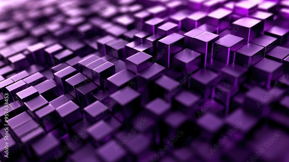 Poster abstract background featuring waves of numerous purple cubes in geometric forms moving up and down u