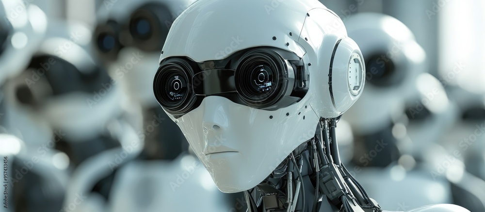 Poster 3d illustration of a humanoid robot known as an android featuring an ai based surveillance system wi