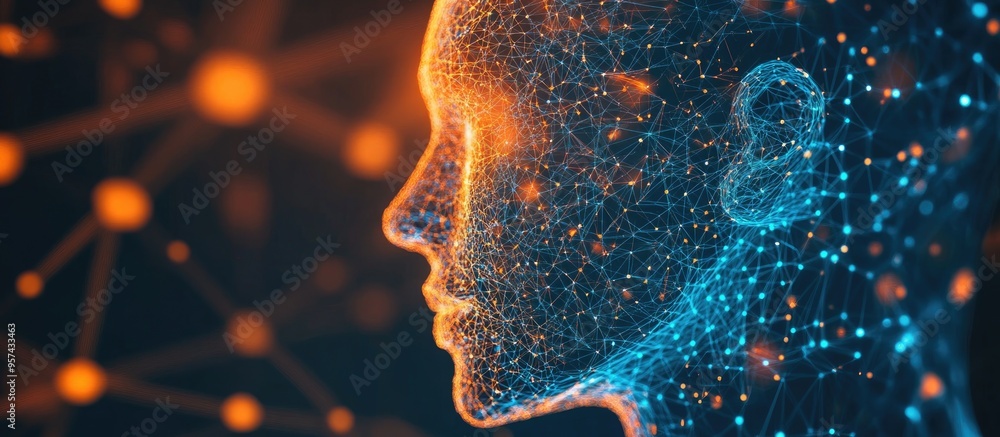 Poster polygonal technology backdrop featuring a 3d wireframe head enhanced with blur and lens effects conc