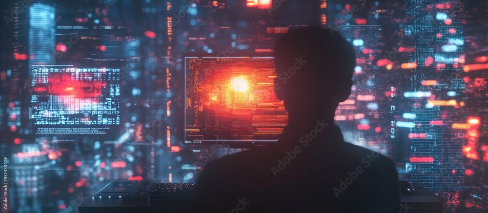 Poster double exposure featuring a computer and a technology themed hologram representing the concept of fr