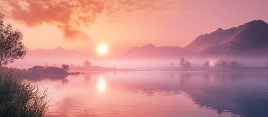 Vibrant sunrise over a tranquil landscape highlighting the beauty of nature with soft hues and peaceful scenery