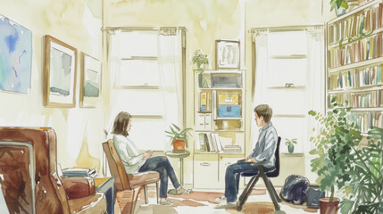 Fototapeta premium A woman and a boy sit in a softly lit office, engaged in a thoughtful conversation amidst books and plants