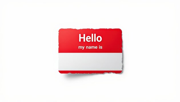 Red and white name tag sticker with text 'Hello my name is' against a plain white background. - Powered by Adobe