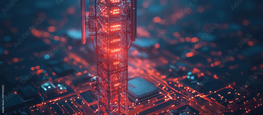 Poster 5g communication tower enabling high speed wireless internet with a circuit board backdrop showcasin