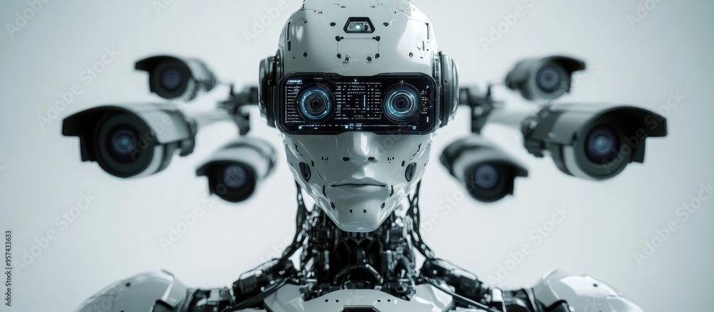 Poster 3d illustration of a humanoid robot known as an android featuring an ai based surveillance system wi