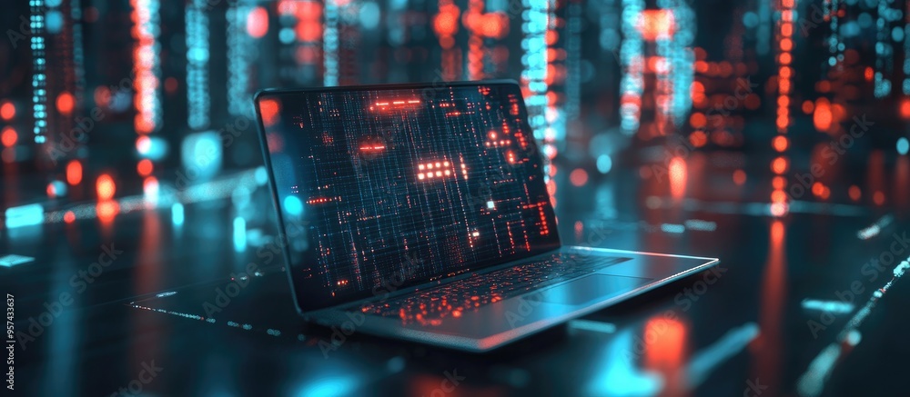 Poster 3d rendering of a 5g network connection displayed with a laptop