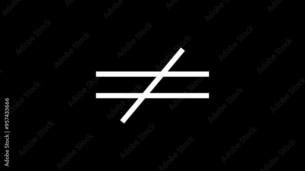 Aufkleber not equal icon sign appear in center. white color not equal icon on black background animation.