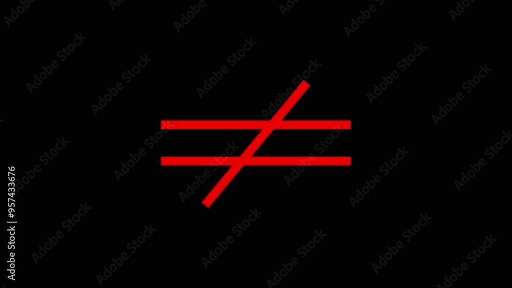 Aufkleber not equal icon sign appear in center. red color not equal icon on black background animation.