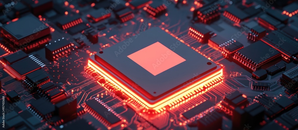 Poster 3d illustration of a processor chip on a printed circuit board illuminated by red backlight represen