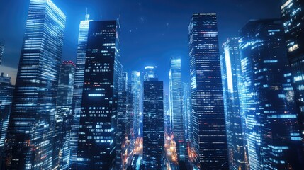 Obraz premium Futuristic city skyline at night featuring modern lit up skyscrapers Ideal backdrop for cutting edge technology themes