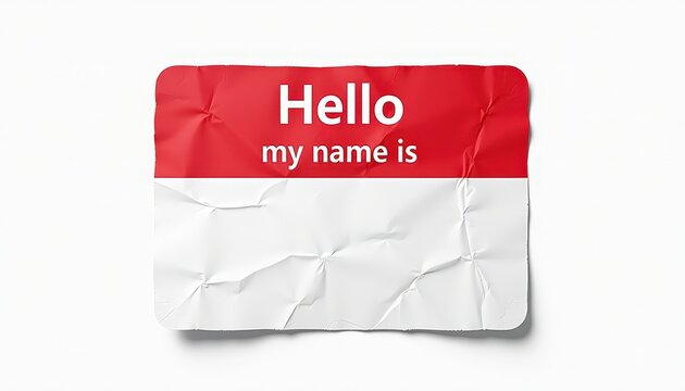 Crumpled name tag sticker with 'Hello my name is' text in red and white colors.