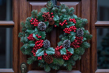 Naklejka premium A traditional Christmas wreath made of pine, holly, and red berries, hanging on a front door. Concept of holiday welcome and festive decor.