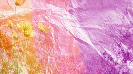 Obraz premium A collage of various-colored flowers arranged on a pink, purple, and yellow background paper