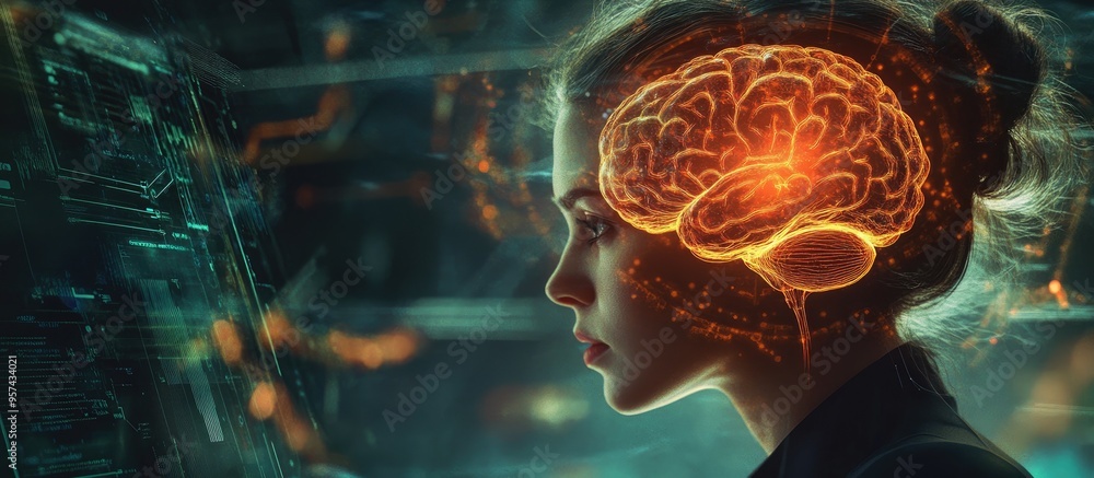 Aufkleber double exposure of a woman using a computer with a holographic representation of a human brain aeria