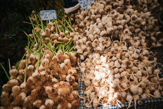 Fresh and Dried Garlic at Market Stall