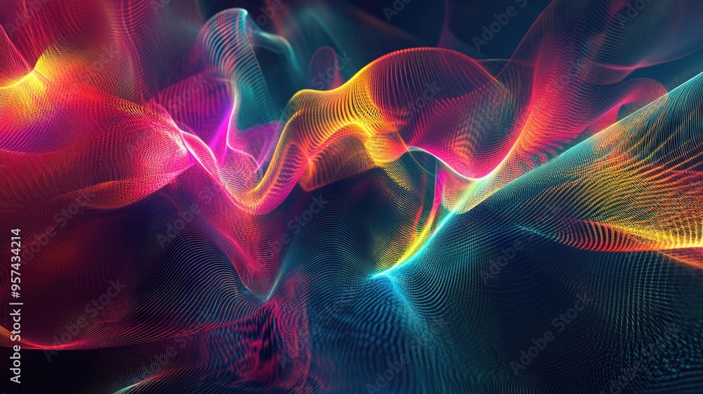Poster artistic abstraction featuring colored sine wave patterns light and fractal elements exploring theme