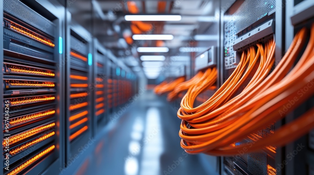 Poster internet lan cable in a contemporary server room designed for secure information storage and transmi