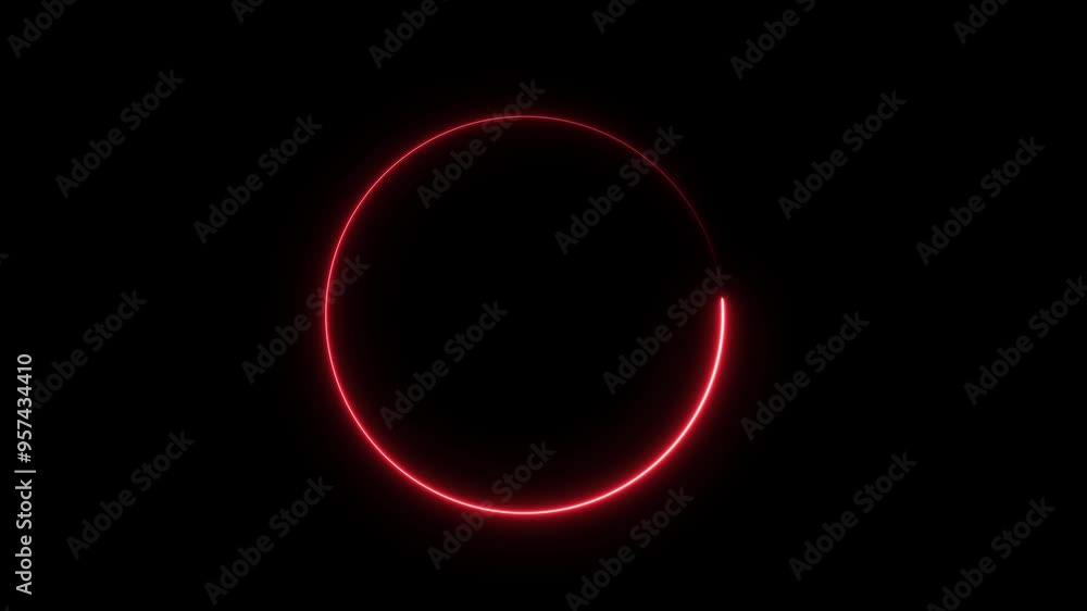 Poster red color neon glowing circle frame. circle bar processing. neon abstract circle frame line on black