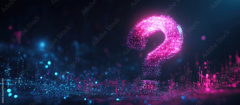 Poster futuristic glowing question mark featuring plexus lines and glitter particles designed in a neon lig