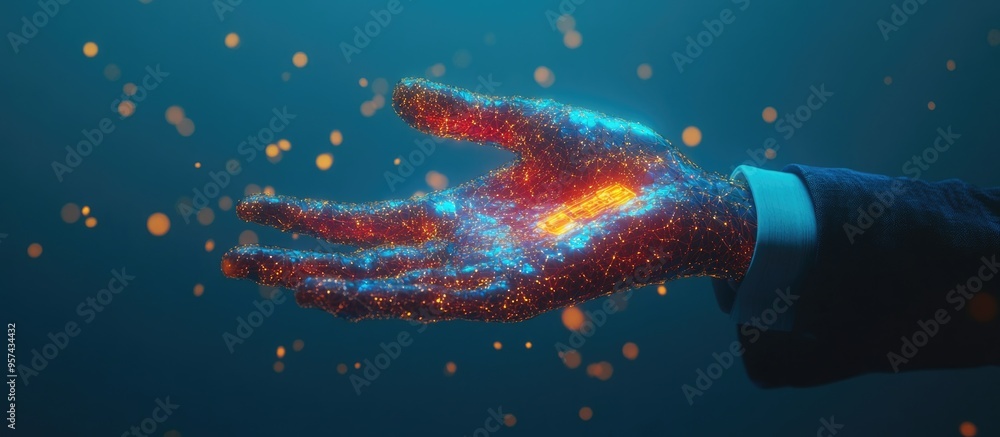 Poster businessman s hand with an ai translator against a blue backdrop featuring an artificial intelligenc