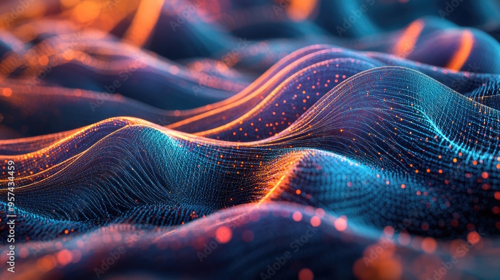 Poster abstract illustration of flowing information represented by cyan blue red and orange lines and dots 